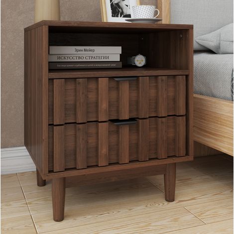 MODFU – Comodino 48x40x60 cm in legno ingegnerizzato con 2 cassetti scanalati, nicchia aperta, portata 45 kg e maniglie in metallo nero – Marrone noce (1/5)