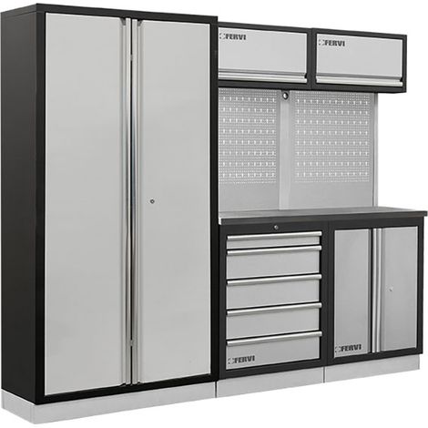 Arredamento modulare per officina garage FERVI A008T - 2275 x 498 x 2000h mm - piano in acciaio inox (1/2)