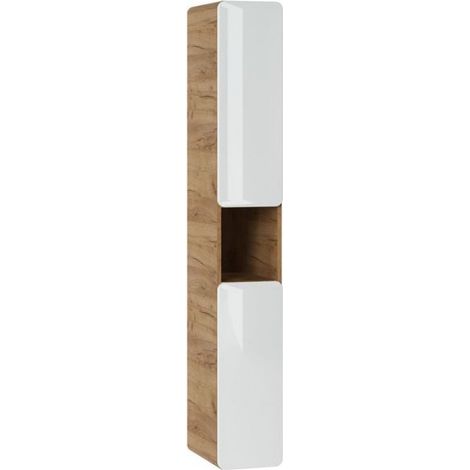 Colonne de salle de bain murale H 170 x L 25 x P 39 cm – Bois MDF blanc brillant – 2 placards avec fermeture douce – 4 étagères – Meuble suspendu – Comad (1/3)