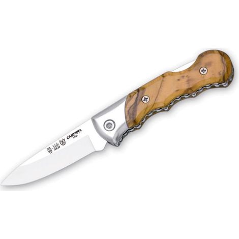 Campera coltello 073 Miguel Nieto 12,5 cm, con lama in acciaio 5 cm e mango cromato duro e legno di ulivo naturale.