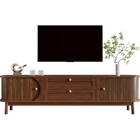 Armoire de télévision moderne en bois, avec des compartiments et des étagères intégrés. Les coins sont arrondis. L’armoire est dotée de pieds en bois stables. (1/5)