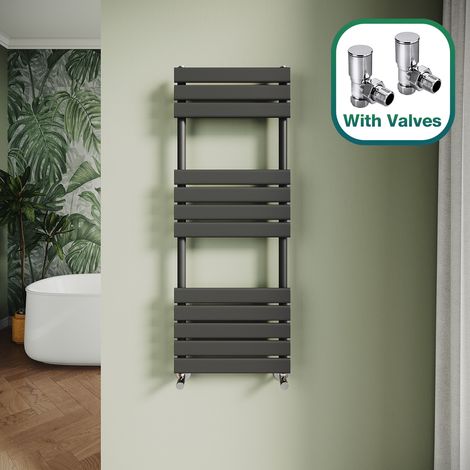 ELEGANT Modern Central Heating Towel Radiator Bathroom Flat Panel Heated Towel Rail 1200x450mm Black + Angled Radiator Valves