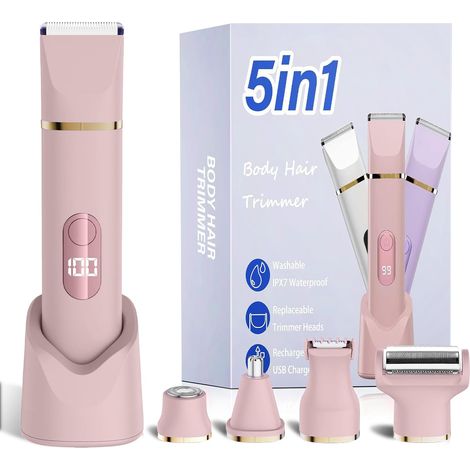 5-in-1 Bikini Hair Remover for Women, IPX7 Waterproof Wireless Electric Body Shaver, 5 Interchangeable Heads for Facial Hair Removal Legs, and Intimate Area, Ceramic Blade, USB Charging (Rosa) (1/5)