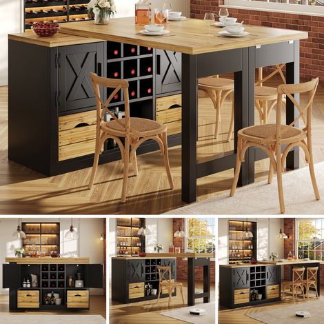 Ausziehbarer Kücheninsel-Esstisch, Multifunktionaler Esstisch mit Sideboard, 360° drehbare Tischplatte, ausziehbarer Küchentisch mit großem Stauraum, Wohnzimmer Schrankwand, Schwarz – Exzellente Verar (1/5)