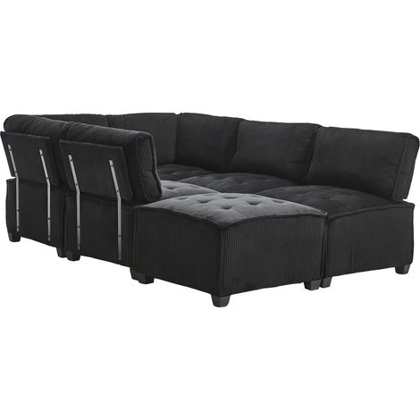 Canapé modulaire 6 places en tissu corduroy noir, structure bois et métal, design ergonomique avec poches latérales (1/5)