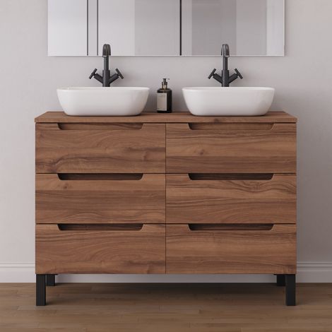 Meuble de salle de bain 120cm avec plateau et 2 vasques à poser arrondies - 6 tiroirs - sans miroir - noyer (bois foncé) - RIZA (1/5)