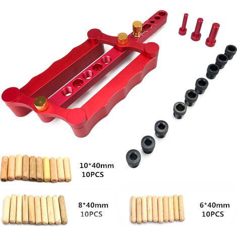 Outil de perçage et de réalisation de trous pour le travail du bois : gabarit de perçage droit, cheville ronde, bâtonnet en bois, poinçon. Kit gabarit de perçage droit + cheville en bois. (1/5)