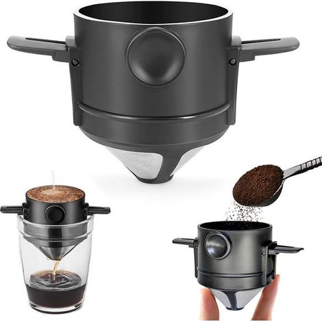 Filtre à café réutilisable en acier inoxydable, filtre permanent sans papier pour préparation manuelle du café, adapté à la maison, au bureau, au voyage et au camping, noir, 1 pièce (1/5)