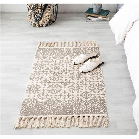 Tapis en coton avec franges Tissu en coton tissé Tapis de jet Tapis de couloir pour cuisine, salon, chambre, buanderie, entrée (Fleurs, 60x130cm) (1/5)