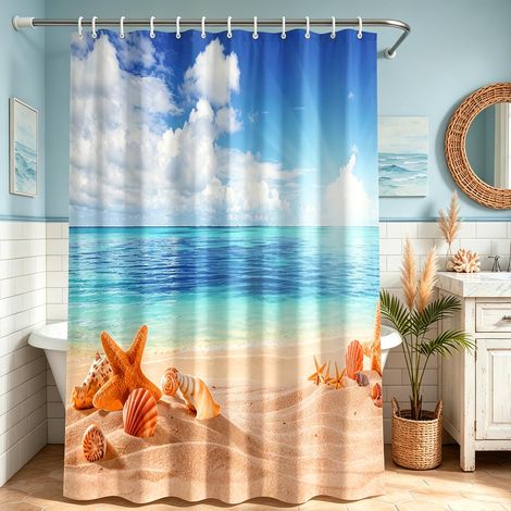 Rideau de douche 240 x 180 cm - Bleu mer - Ourlet lesté - Textile anti-moisissure - Imperméable - Lavable - En polyester - Avec œillets et 16 anneaux de rideau de douche - Pour salle de bain (1/5)