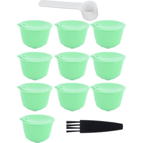 Packung mit 10 grünen Edelstahl-Filterkapseln für DOLCE GUSTO Kaffeemaschinen, inklusive Löffel und Bürste. (1/5)