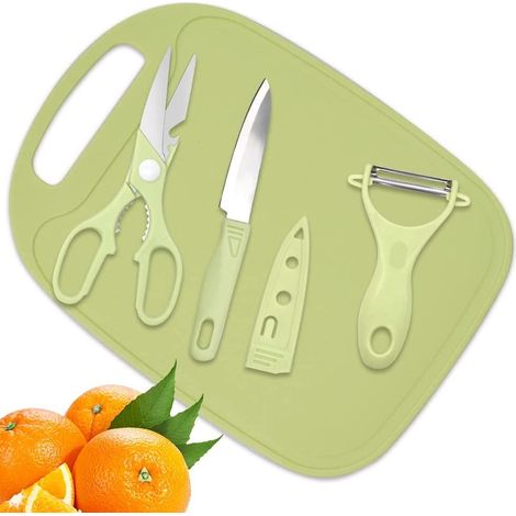 Mini planche à découper de voyage, ensemble de 4 pièces pour le camping : planche à découper en plastique, couteau, ciseaux de cuisine et planche à découper portable antidérapante en acier inoxydable (1/5)