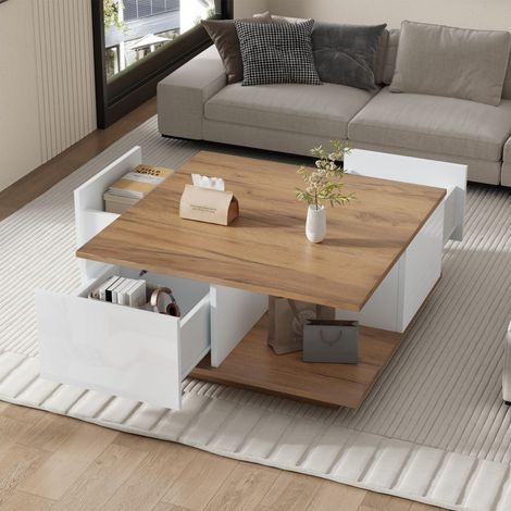 Table Basse de Salon - 70x70x31.5cm - Design Géométrique Haute Brillance avec 3 Tiroirs et Niche - Blanc et Bois (1/5)