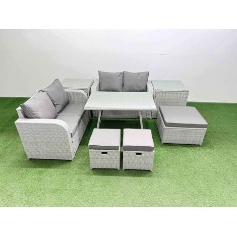 Fimous 7 Seater Outdoor Love Sofa Set Rattan Garden Furniture Set with Rectangular Dining Table 2 Side Tables 3 Footstools Light Grey (1/4)