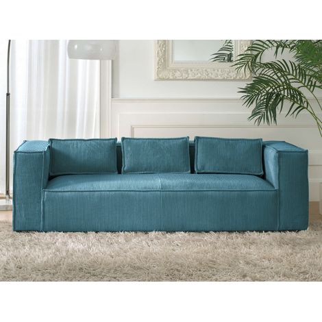 Lisa Design – Canapé fixe 3 places en velours côtelé bleu canard – Structure en bois massif – Assise mousse polyuréthanne HD – Style contemporain
