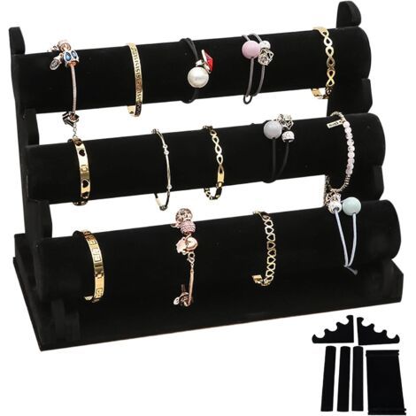 Présentoir à bracelets en velours avec 3 étages amovibles : présentoir noir pour bracelets et bijoux pour femmes et filles, porte-bijoux en velours, porte-bijoux pour bracelet, collier et (1/5)