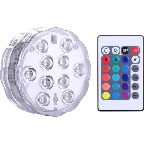 Lumière LED Submersible - IP68 - 16 Couleurs RVB + 3 Modes Dynamiques - Pour Spa Jacuzzi Aquarium Fontaine Vase - 7,1 x 2,8 cm - 2,4 W - 2 Télécommandes - 1 Pièce