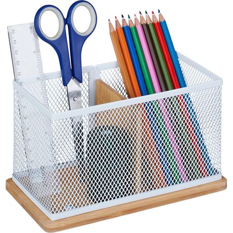 Relaxdays Porte-stylos bambou et métal, HxLxP: 11 x 19 x 10 cm, porte-stylos pour bureau, nature-blanc
