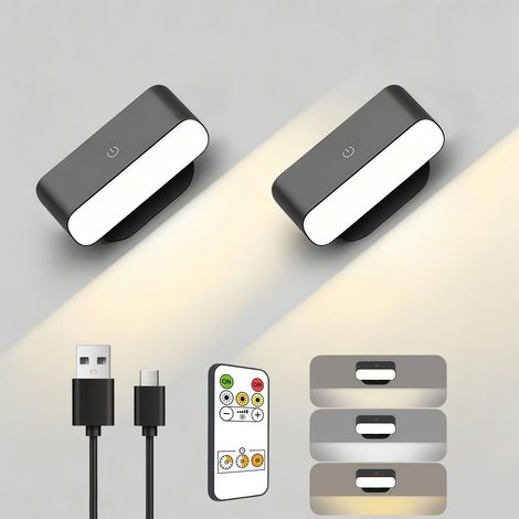Applique Murale Intérieure, Lot de 2 Lampe Murale Sans Fil avec Télécommande et Touch, 3 Couleurs Dimmables, Rotation 360°, Lampe de Chevet Murale pour Salon, Chambre et Escalier, Noir