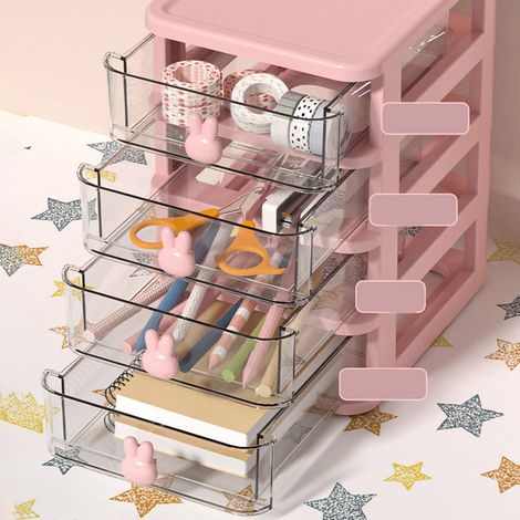 Boîte de rangement bureau transparente 5 étages, plastique robuste grande capacité, poignée lapin, tiroirs pour stylos livres fournitures, rose, 13,4x17x26 cm, organiseur de bureau (1/5)