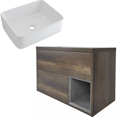 Milano Bexley Dark Oak 800mm Wall Hung Bathroom Vanity Unit with Countertop Basin - Rectangular Basin (No LED Light) (1/5)