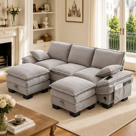 Modulares 3-Sitzer Cordsofa mit 2 Hockern und Stauraum, ergonomische Couch Hellgrau mit USB-C Anschluss und Seitentaschen, 260x132x84 cm (1/5)