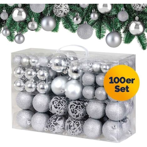 Lot de 100 boules de Noël en plastique robuste Décoration de Noël intérieur extérieur Décoration pour sapin Argent (1/5)