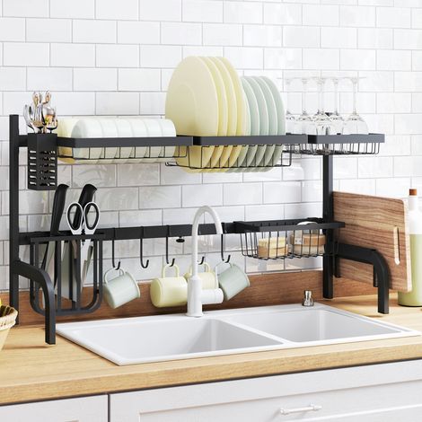 HOMCOM Over The Sink Dish Drying Rack, 2 Tier Adjustable Dish Drainer Black (1/5)