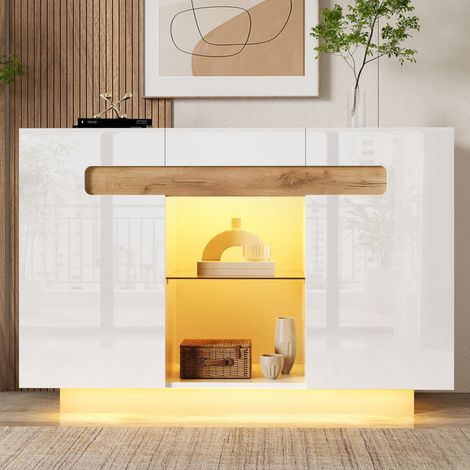 Buffet, meuble de rangement, 120×40×80 cm, LED, 4 étagères et 2 compartiments ouverts, façades laquées, pour le salon, aspect bois naturel et blanc (1/5)