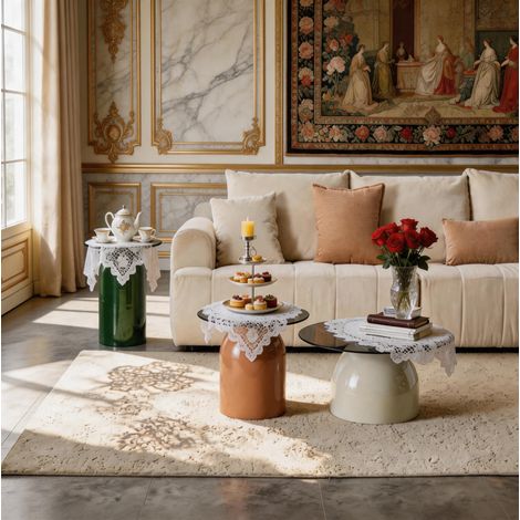 Tavolini bassi rotondi 3 pezzi in vetro temperato e acciaio, verde, beige e grigio DESVIAE (1/5)