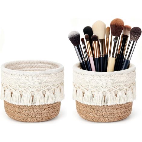 2 Pièces Rangement Pinceaux Maquillage, 10 X 10 CM Mini Panier Tressé avec Pompons, Pot Pinceau Maquillage Bohème, Rangement Coiffeuse pour Ranger Peignes et Crayons (1/5)