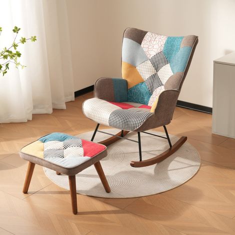 Schaukelstuhl – mit Ottomane – Massivholzrahmen – Patchwork-Design – Leinen – Skandinavischer Stil – Lässiger Sessel – Mehrfarbig