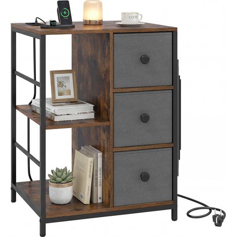 armoire table de chevet lit bout de canapé tiroir en tissu métal industriel multiprise prise secteur station de charge salon chambre meuble petit es