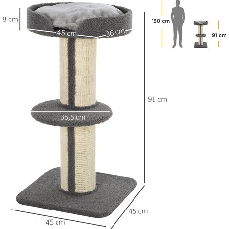 Arbre à chat/tour à chat, 91 cm, avec poteaux en sisal, plateforme et coussins arbre à chat multi-niveaux pour chats de taille moyenne, gris (1/5)
