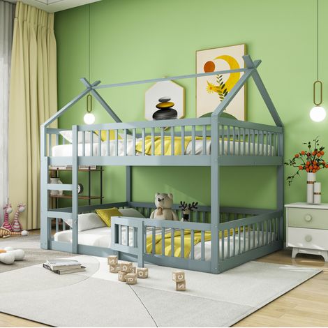 DESVIAE Lit superposé enfant 140 x 200 cm avec escalier et barrières de sécurité en bois gris (1/5)