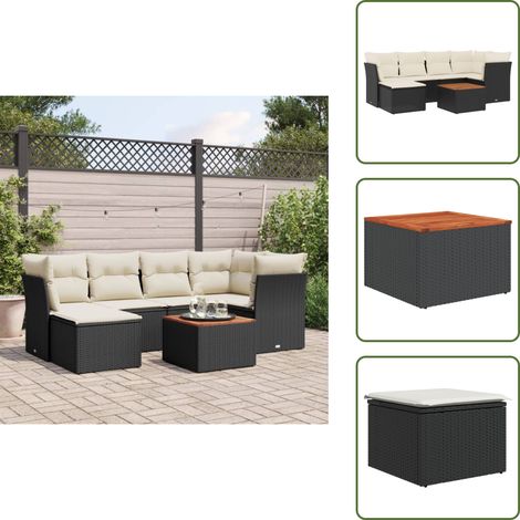 7-tlg. Garten-Sofagarnitur mit Kissen Schwarz Poly Rattan - Gartenmöbel - Esszimmergarnituren - Outdoor Möbel - Lounge Set - Rattan Gartenmöbel