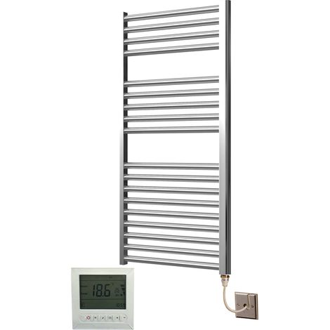 Extra High Heat Output Chrome Electric Towel Rail 500 x 1000mm Flat Bathroom Radiator Heater + 7 Day Timer/Thermostat (1/4)