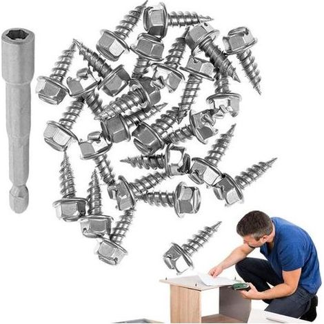 Lntyq Vis de de gouttière, vis de gouttière à court de le bas,Vis de taraudage 100 pièces Fixer - Accessoires de garde de gouttières à l'épreuve de la rouille pour le drainage fossé en aluminium (1/5)