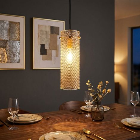 Pendelleuchte Hängeleuchte Deckenleuchte goldfarben Amberglas H 120 cm (1/5)