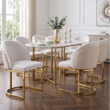 Set di 6 sedie da pranzo con doppio schienale, design moderno, in ciniglia beige, gambe in metallo dorato (1/5)