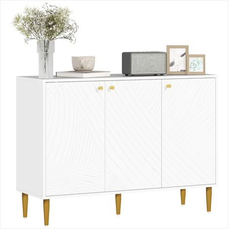 Buffet blanc 2 portes sculptées, pieds dorés, 3 étagères ajustables, salon ou salle à manger, 107x35x77 cm (1/4)
