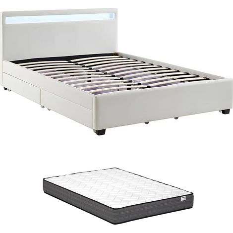 Letto 140 x 190 cm Con vani portaoggetti Similpelle Bianco con LED + Materasso - ALOIS II (1/5)