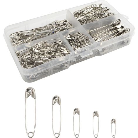 Lot de 260 épingles à nourrice, argentées, durables, 5 tailles (19 à 55 mm), épingles à nourrice en acier inoxydable, pour la couture, la couture, le bricolage (argenté) (1/5)