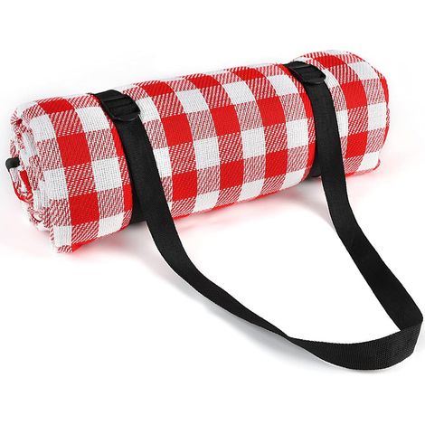 Water/Sand/Dirt-resistant Picnic Blanket with Shoulder Strap, Outdoor-Ready Red & White Square, 200x200cm (1/5)
