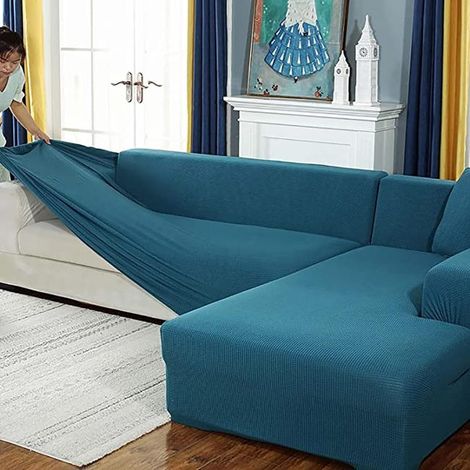 Housse élastique pour canapé d'angle - avec base élastique antidérapante, lavable en machine (1 ensemble, bleu, 4 places + 3 places) (1/5)