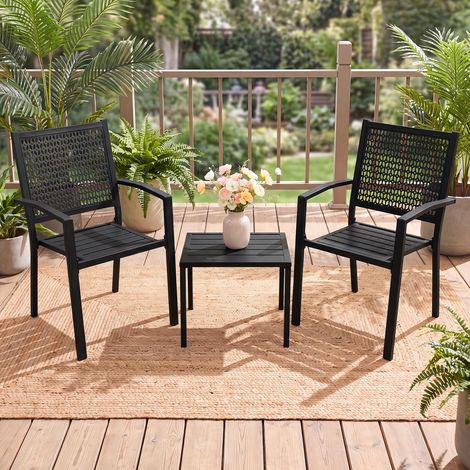 Ensemble bistrot 3 pièces table + 2 chaises métal noir, mobilier extérieur pliable empilable balcon terrasse jardin (1/5)