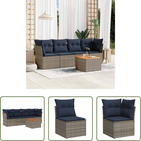 vidaXL Rattanmöbel - 5-tlg. Garten-Sofagarnitur mit Kissen Grau Poly Rattan (1/5)