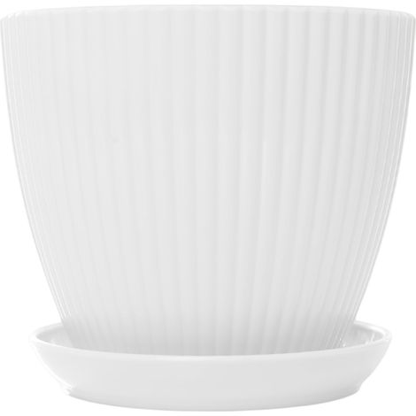 1 pot de fleurs Divers accessoire de portail, plastique PP imitation céramique rayée, trou de drainage + soucoupe, blanc ivoire (1/5)