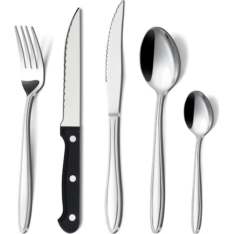 Hunnycook couverts de table 6 personnes, 30 pièces couverts avec couteau à steak, élégant menagere en acier inoxydable avec couteau fourchette cuillère, lavable au lave-vaisselle (1/5)