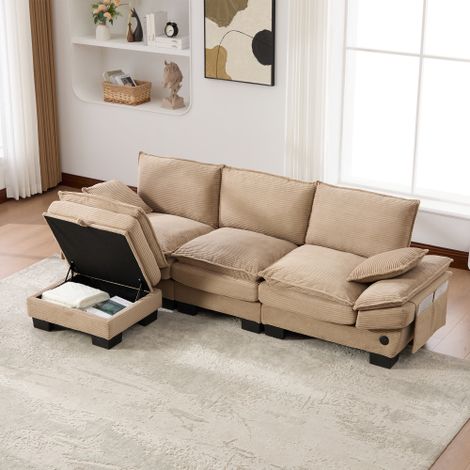 Modulares 3-Sitzer Cordsofa (mit 1Hocker) – breite Sitzfläche, ergonomisches Design, hochdichte Schaumstoffpolsterung, USB-C-Anschluss und Seitentaschen. Ideal für Wohnzimmer, Büro oder Lounge.Khaki